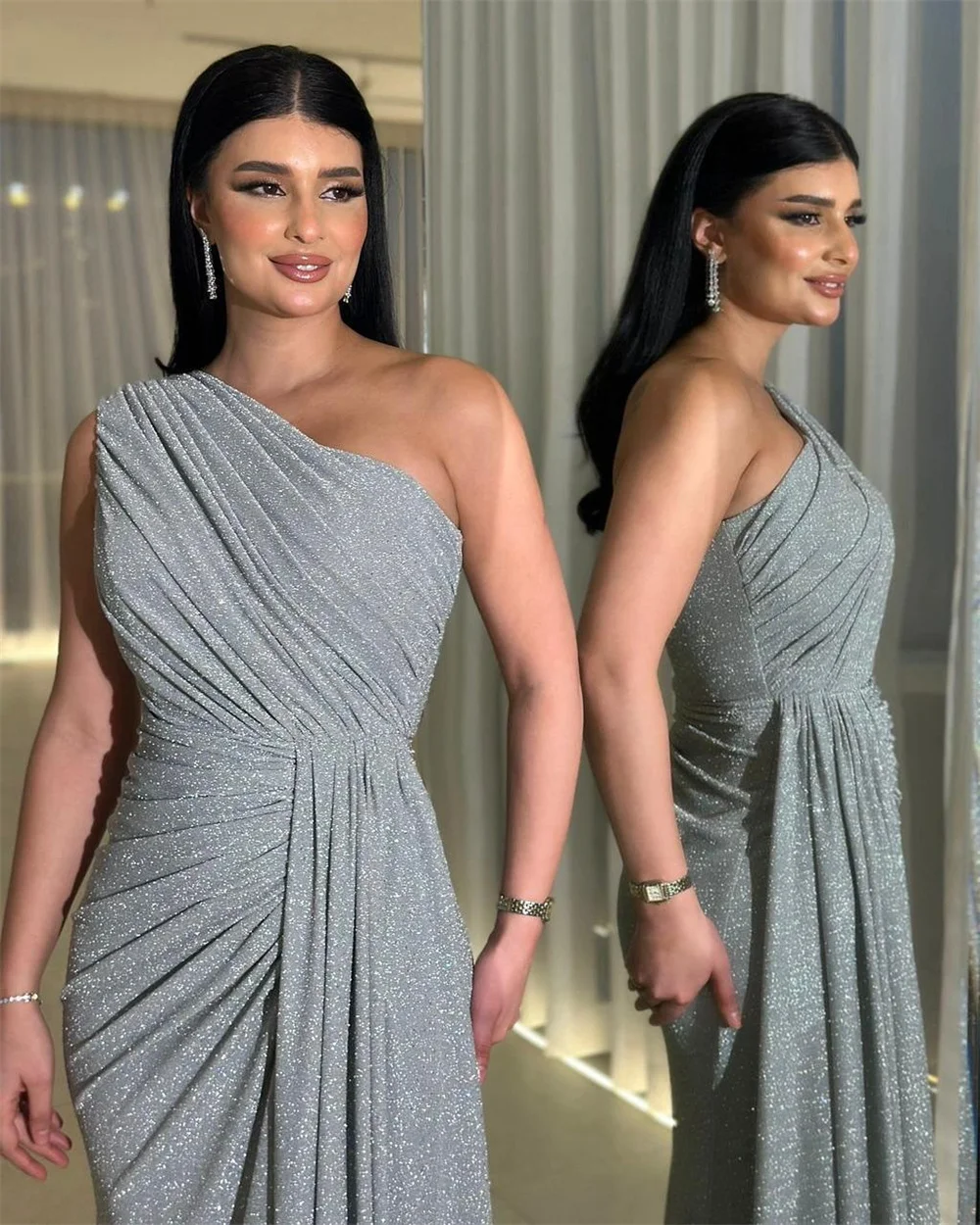 콘테사 두바이 커스텀 글리터리 프롬 드레스 우아한 원숄더 이브닝 드레스 컬럼 러플 오버스커트 포멀 이브닝 드레스