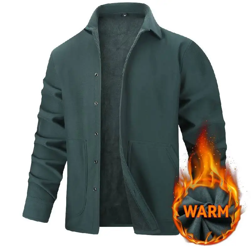 

Warm Casual Men's Shirt Pure Color Open Cardigan Large Size Men's Outerwear Thickened Anti-Hold Polyester Fiber Sporty Style