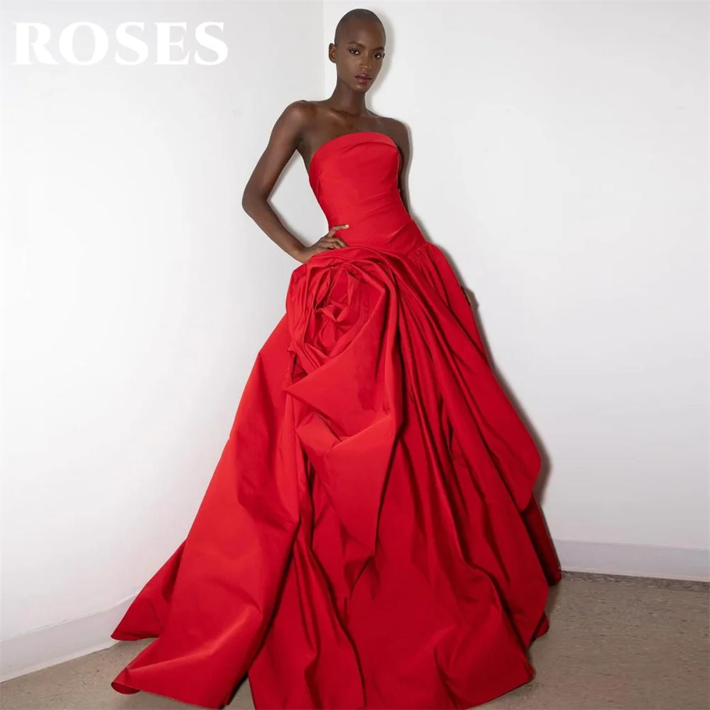 

ROSES Red Elegant Beautiful A-Line Prom Dress Strapless Sleeveless Formal Gown with Pleats Evening Party Dress 프롬 드레스 Customized