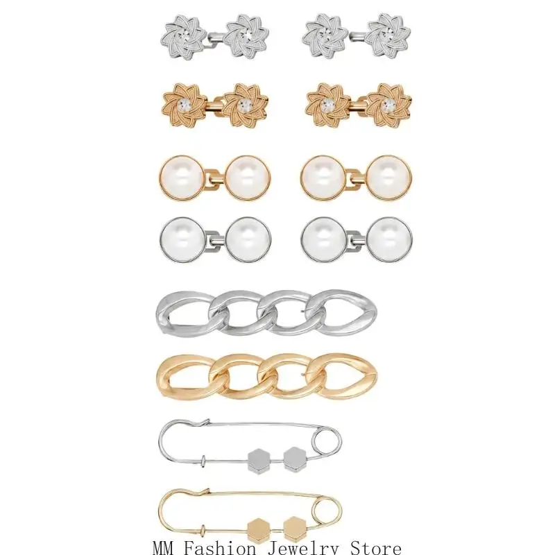 12-Piece Decorative Garment Clasp Set with Removable No-Sew Closures, Mixed Flower, Chain, and Safety-Pin Styles for D0UB
