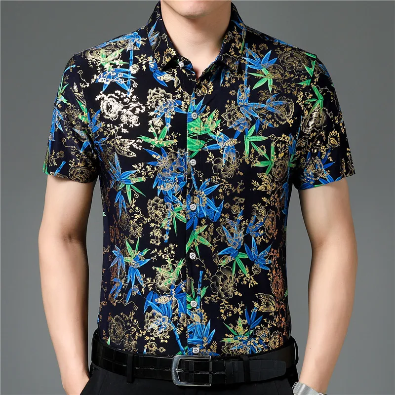 Men's summer short sleeved floral shirt, loose and iron free casual half sleeved ice silk shirt, thin top