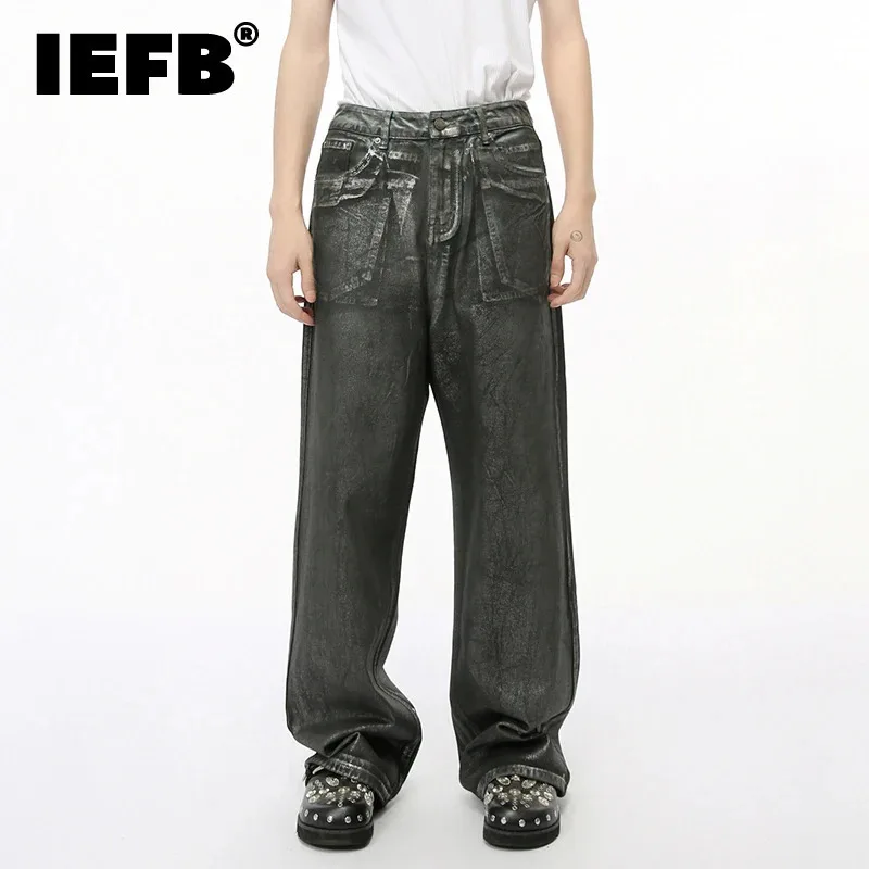 IEFB High Street Men's Denim Pants Glossy Washed Worn-out Trousers Loose Straight Wide Leg Male Jeans Personality Menwear 9C7211