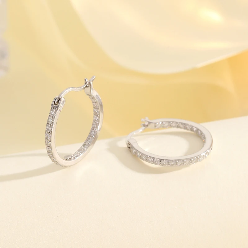 1Pair S925 Sterling Silver Hip Hop Moissanite Paved Bling Ice Out Round Hoop Earrings for Men Women Unisex Rapper Jewelry