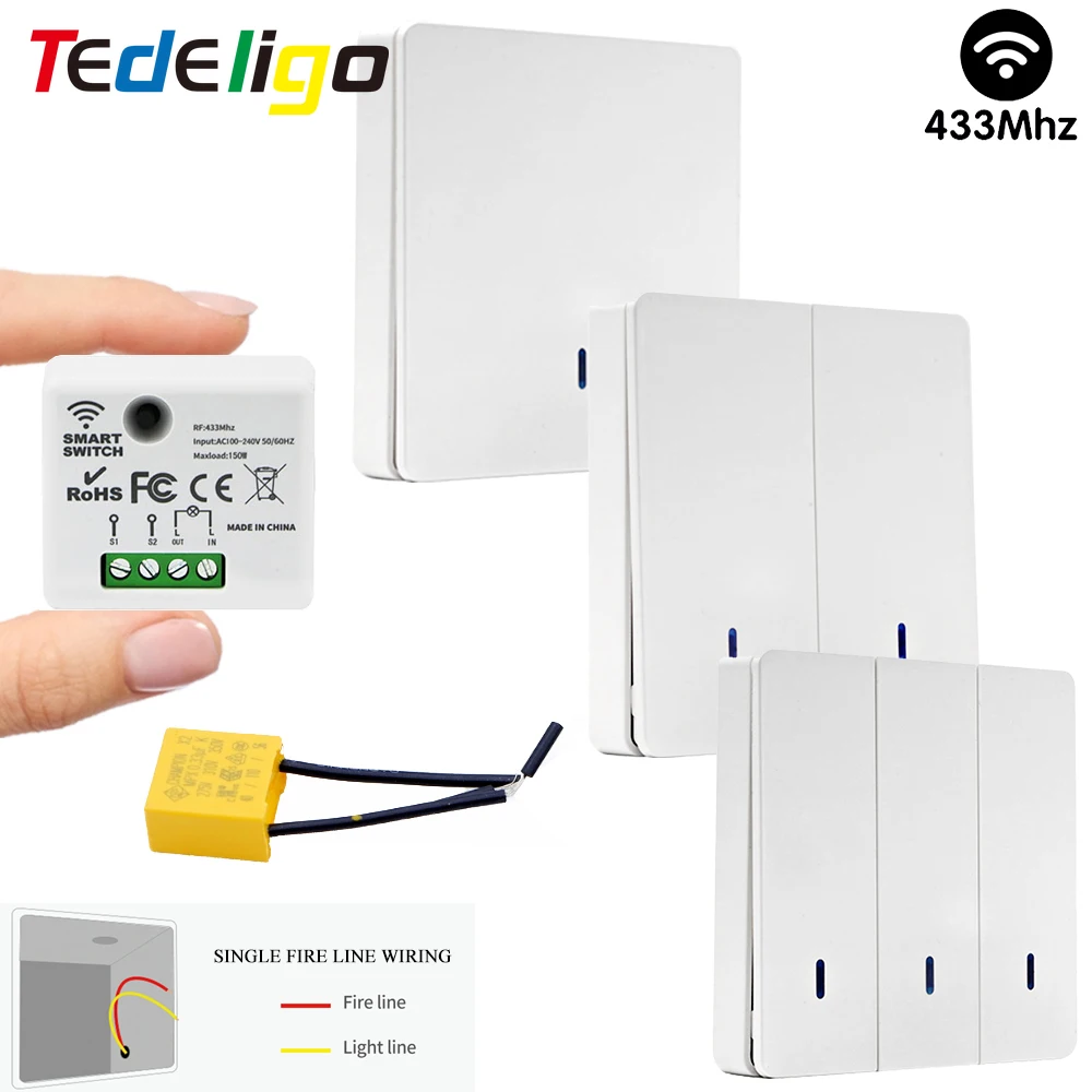 TEDELIGO 433MHz 110V 120V 220V 230V 240V Interruptor De Luz Não Neutro Necessário Interruptor De Controle Remoto Suporte 2 Way Control Module para Casa Lâmpada Elétrica