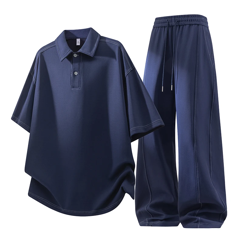 Summer New Fashionable Solid Color Outdoor Sports Cycling Short Sleeve Polo Shirt Set for Men's Casual Loose Large Two Piece Set