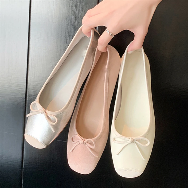 Breathable Silk Ballerinas Ballet Flats Women Summer Autumn Slip On Loafers Square Toe Bowknot Flat Casual Shoes