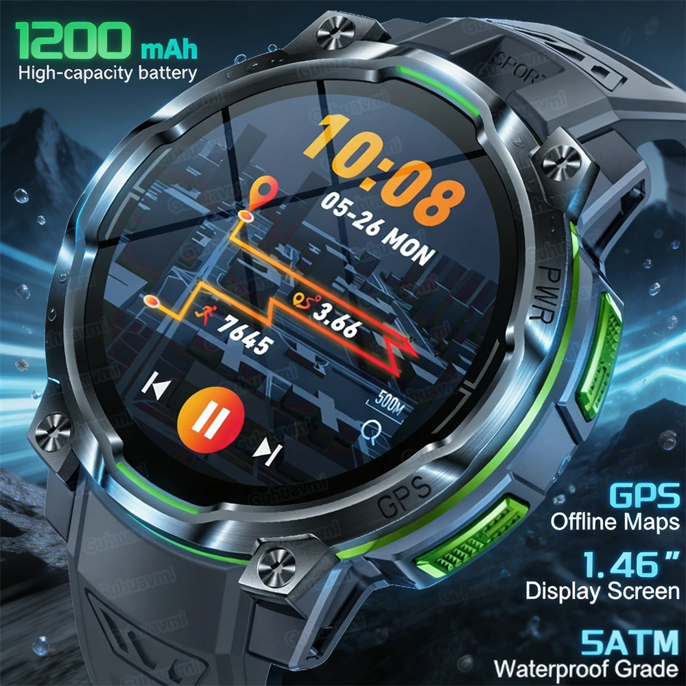 NEW GPS Smart Watch 1.46" Screen Built-in Offline Map Compass Outdoor Waterproof Watches 1200mAh Battery Life Sport smartwatch