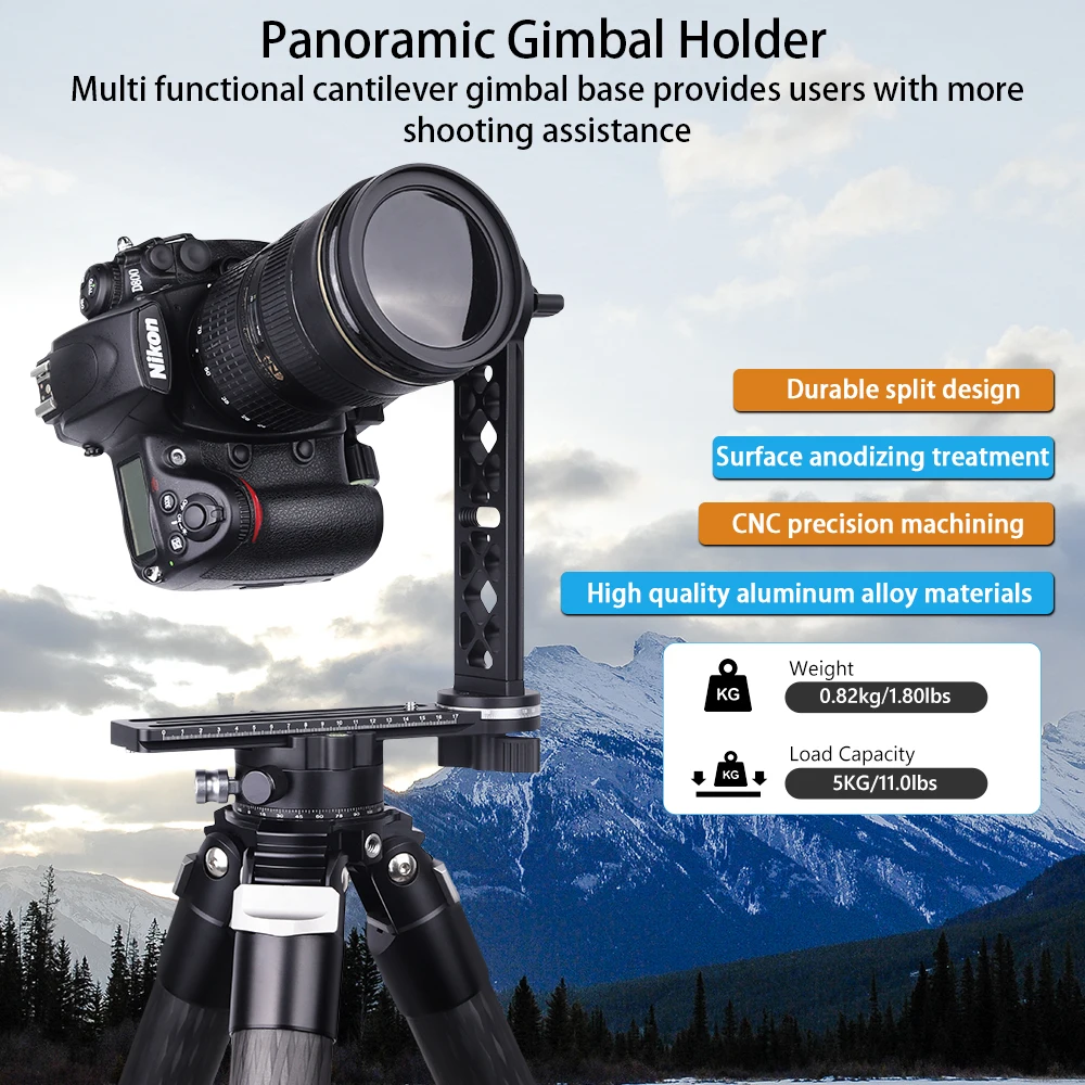 ARTCISE GH8 Cantilever Gimbal Bracket 720° Panoramic Aluminium Alloy CNC with Quick Release Plate for Tripod DSLR Camera Lens