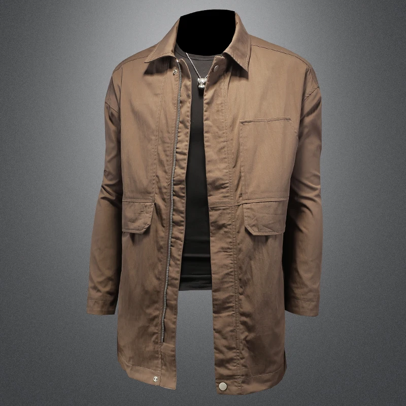 

Высококачественная, модная и стильная мужская куртка с несколькими карманами, стильная и повседневная мужская куртка с лацканами средней длины, модная кофейная.