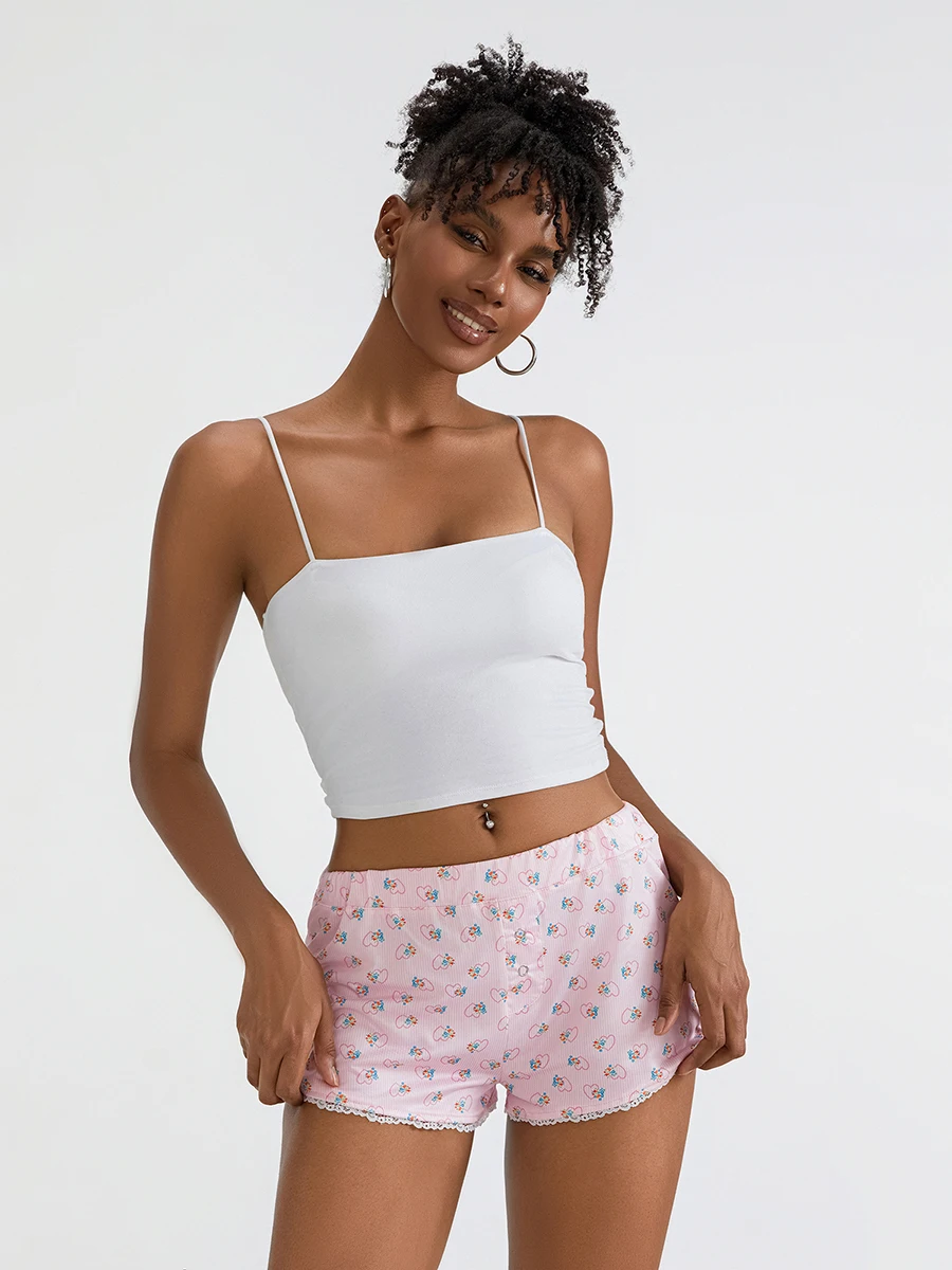 

New Fashion Womens Floral Shorts Casual Slim Fit Striped Lace Trim Elastic Waist Short Pants Summer Lounge Shorts Hot Sale S M L