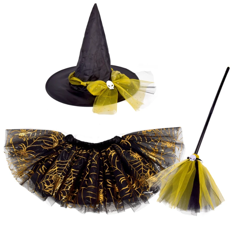 Girls Golden Spider Halloween Tutu Dress Set,  Printed Fluffy Tulle Skirt,  Kids Carnival Stage & Party Performance Outfit