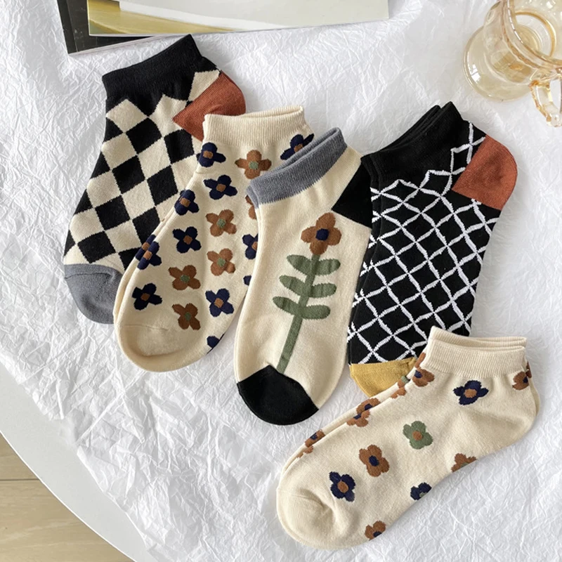5 pares de calcetines de mujer conjunto de flores a cuadros japonés Harajuku lindo Kawaii dulce calcetines de tubo corto cómodos calcetines tobilleros para niña