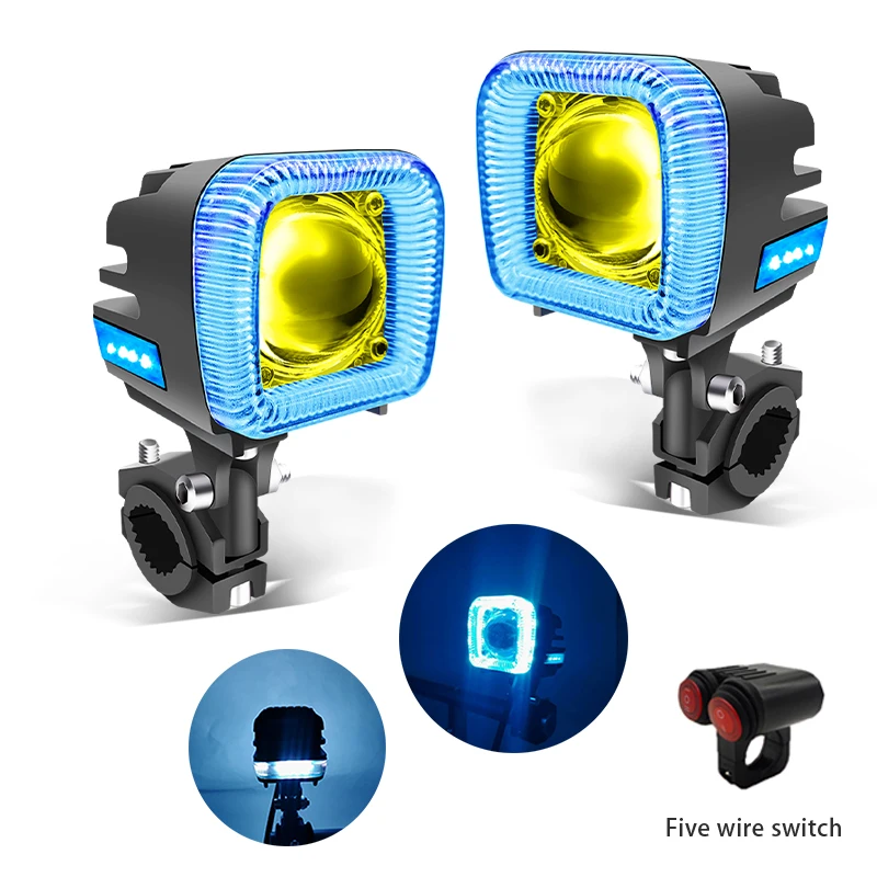 Motorcycle Driving Spotlight LED Fog Lights High Low Beam Colorful Halo Rings DRL With Switches Universal For Trucks ATV SUV 12V