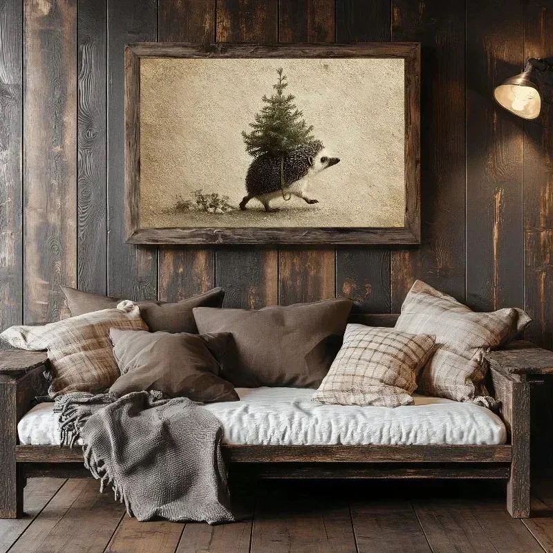 Vintage Christmas Canvas Wall Art Cute Hedgehog Carrying Small Xmas Tree Retro Winter Animal Print Frameless Canvas Poster