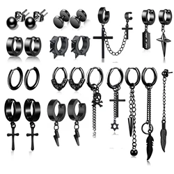 WKOUD 2/24 PCS Stainless Steel Earrings Hinge Ring Cross Pendant Long Chain Piercing Black Cool Gothic Earring Set For Men Women