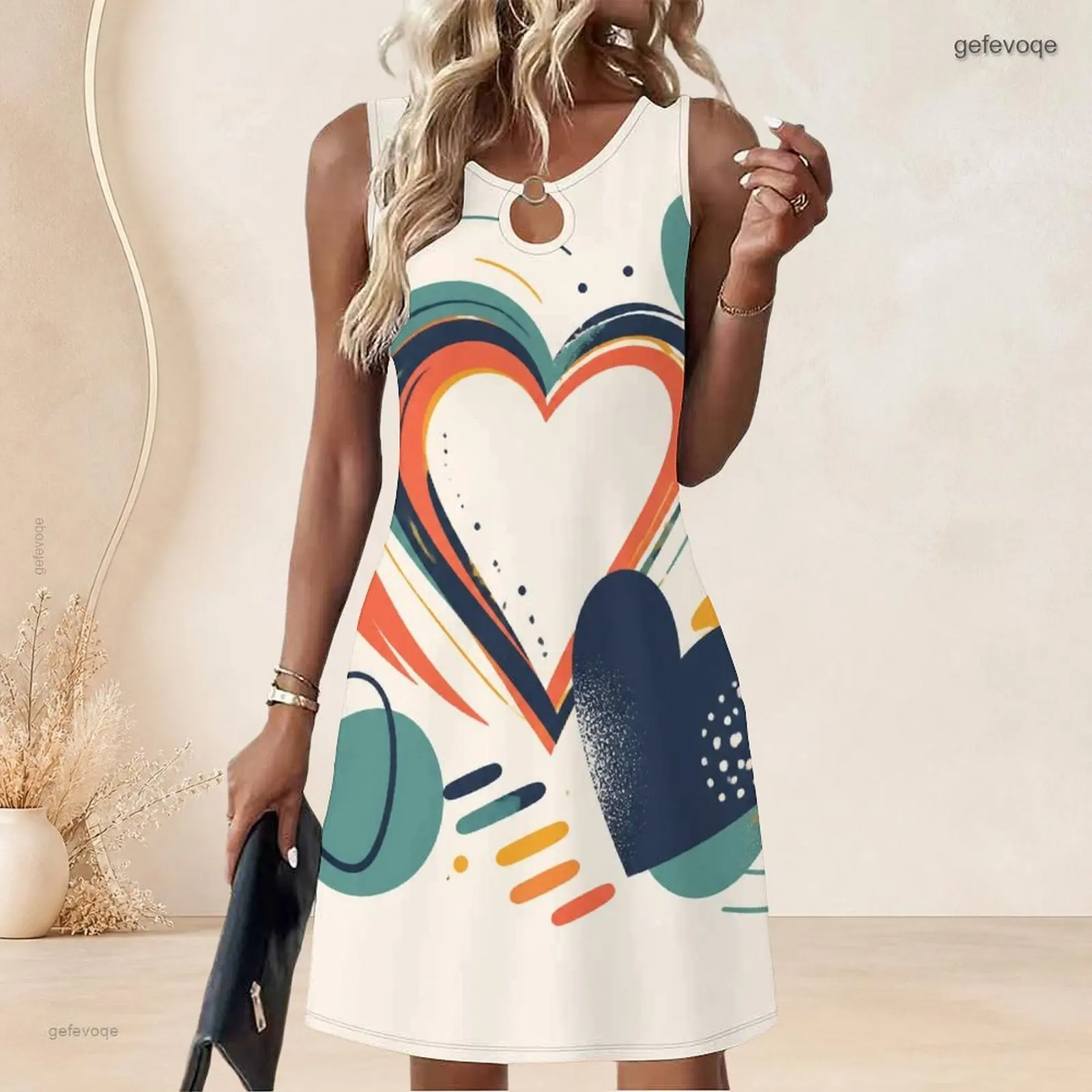 Women Sleeveless A Line Mini Dress O Ring Keyhole Neckline Loose Swing Short Dress Custom Print Ladies Casual Daily Dress