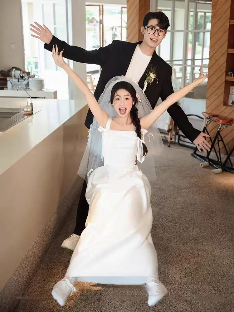 

White Sateen Strap Wedding Robe Simple Morning Gown Bridal Outfit License Piup Dr Floor Length Evening Gown for Wedding