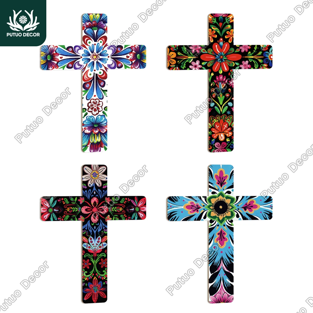 Putuo Decor Mexican Flower Pattern Wooden Wall Decor, Day of the Dead Decorative Wooden Wall Mounted Home Cross