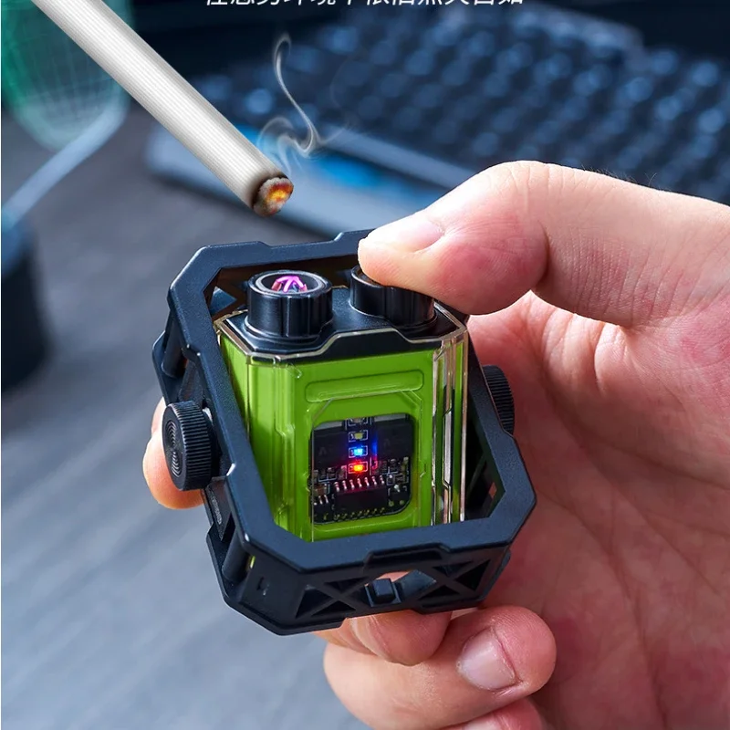 Mecha Style Double Arc Lighter Gyro Decompression, Cool LED Light USB Rechargeable, Outdoor Windproof Flameless Plasma Igniter