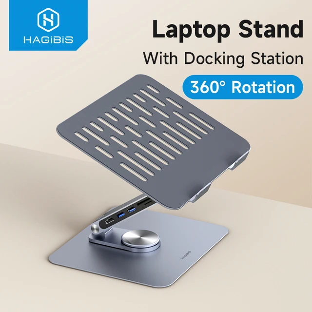 Regulowany aluminiowy stojak na laptopa Hagibis do biurka z dokiem USB C ergonomiczny pion do laptopa pion USB C Hub do notebooka z oknami Macbook