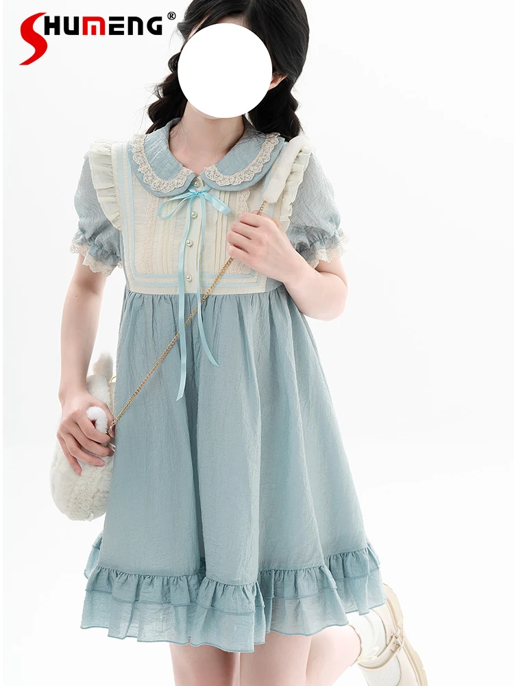 Japanese Style Sweet Cute Princess Dress Doll Collar Puff Sleeve Lace Stitching Loose High Waist A-line Lolita Short Dress Women