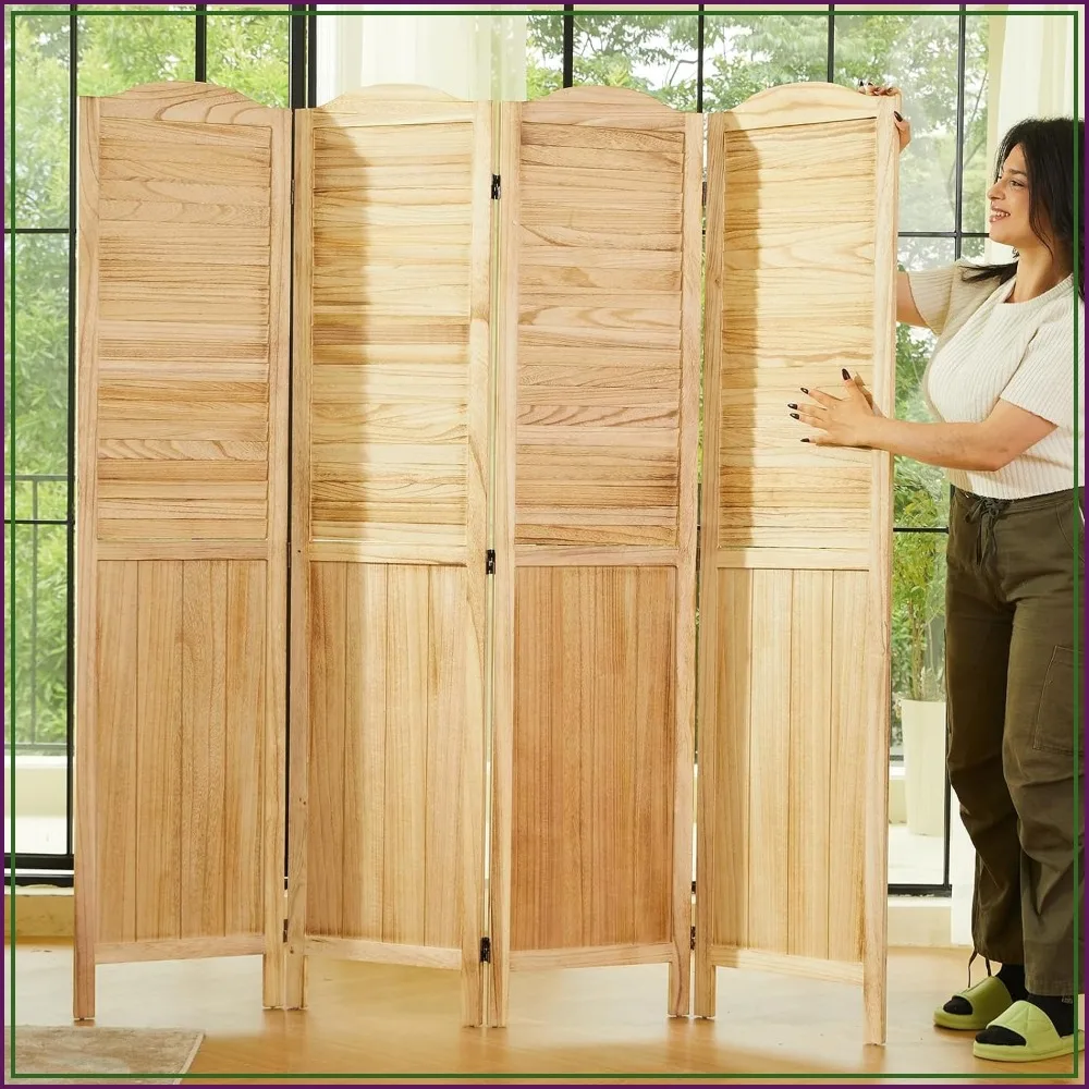 Room Dividers 5.75Ft Privacy Screens Foldable Wooden Louver MDF Wall Divider 4 Panels Natural