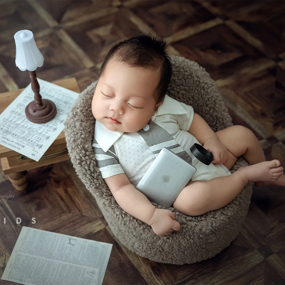 1 Month Newborn Girls Clothes Jumpsuit Pleated Skirt Headwear Baby Boy Photography Outfits Mini Table Computer Studio Photo Prop