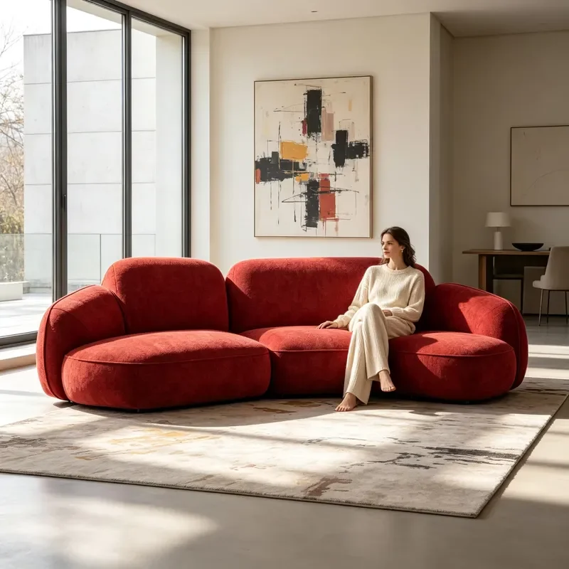 Red curved fabric sofa 3-seat upholstered modern home living room furniture
