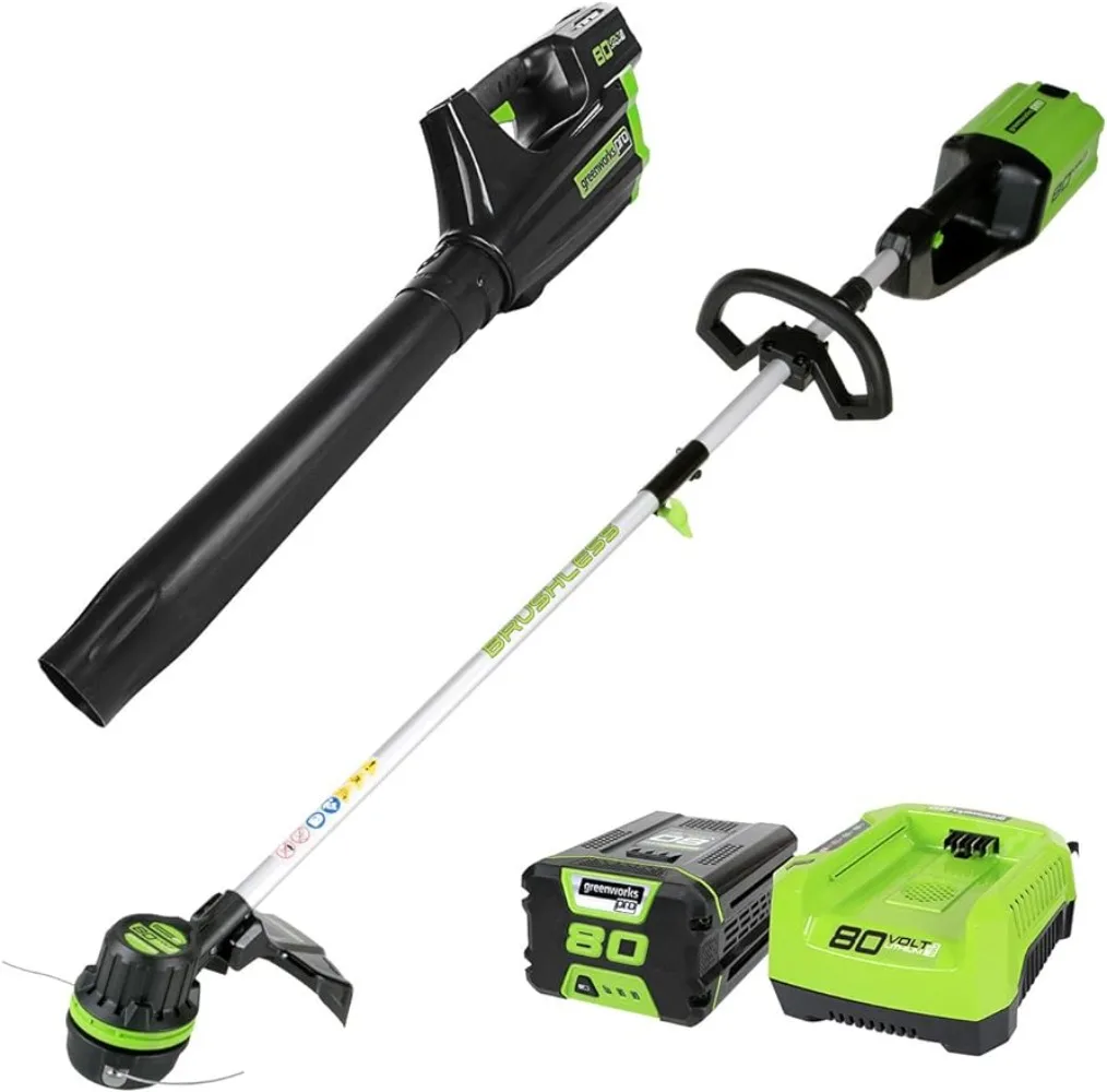 Greenworks Pro 80V Cordless Brushless String Trimmer + Leaf Blower Combo, 2Ah Battery and Charger Included STBA80L210