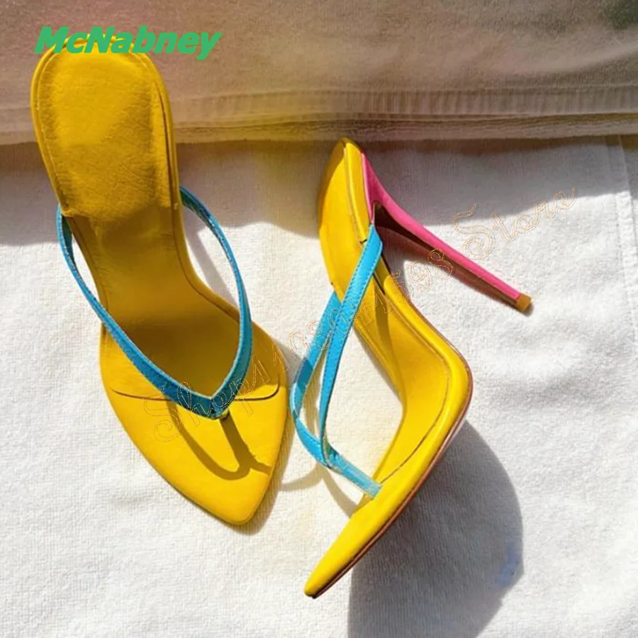 Pointed Toe Heathered Leather Flip Flops Sexy Stiletto Slippers Summer Party Women Shoes Plus Size 2024 New Zapatos Para Mujere