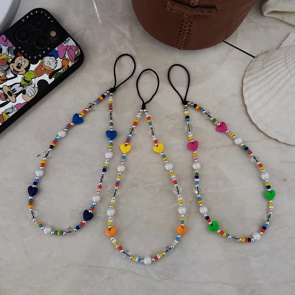 KKBEAD Heart Phone Charm Y2K Accessories Colorful Beads Chain Lanyard Cell Phone Straps Free Shipping