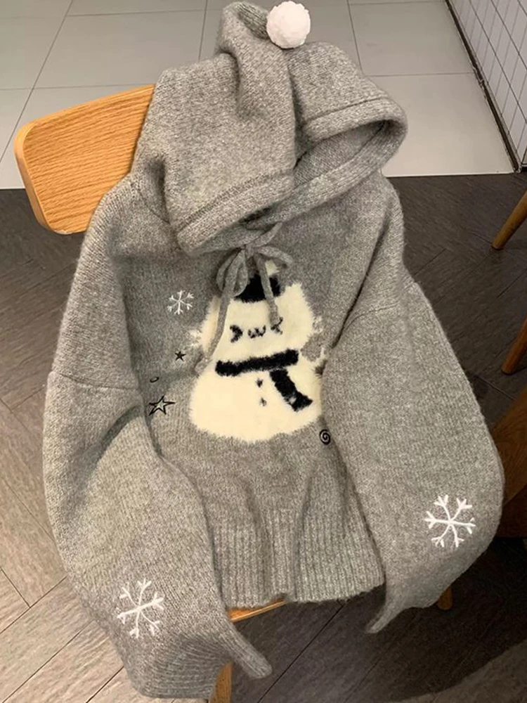 

Новинка 2025, осенне-зимние новые свитера с капюшоном, женские жаккардовые пуловеры на шнуровке с героями мультфильмов контрастного цвета, модные милые вязаные пуловеры