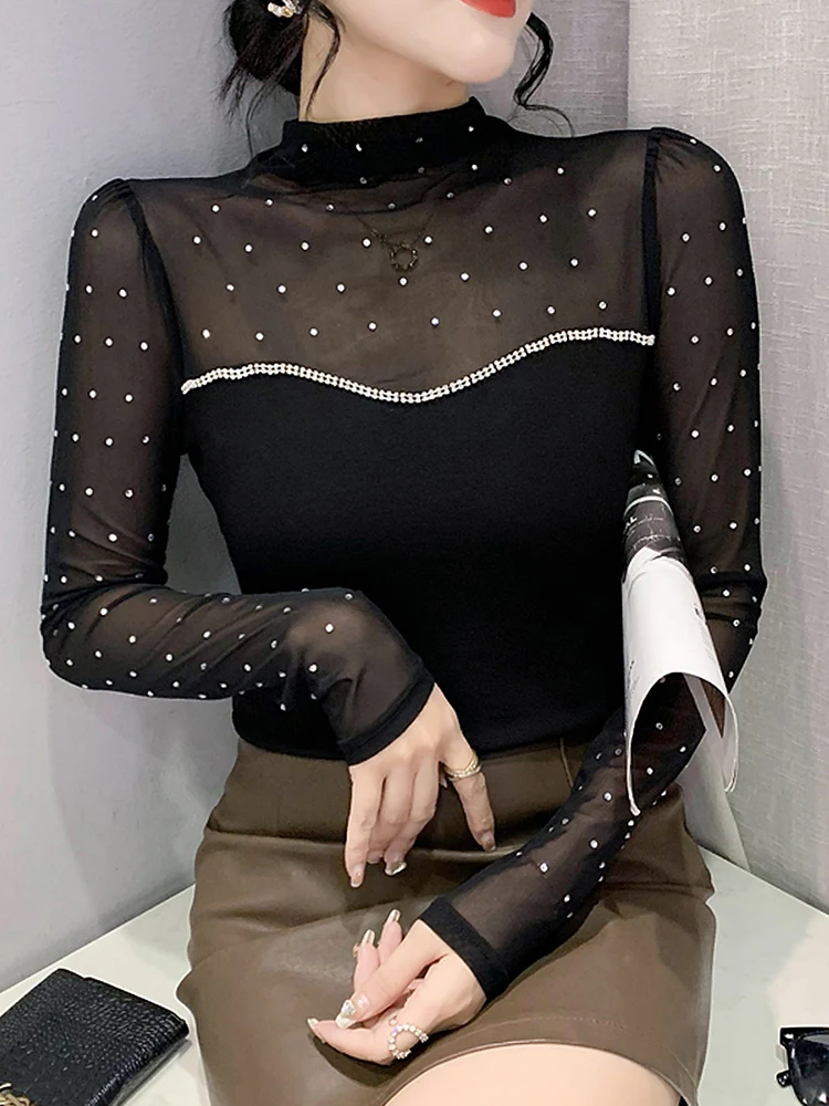 Sl Me Splice Long Sve f Top de gola alta feminino outono inverno sexy base de fosso irt strass decorado T...