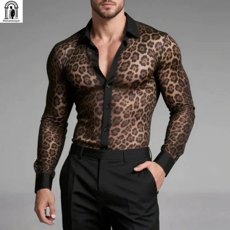 Nightclub Mens Leopard Print Mesh Slim Shirt Spring Summer Sexy See Through Long Sleeve Shirts Men Clubwear Vintage Button Shirt