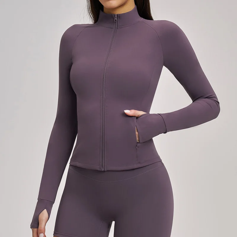 Spring Yoga Clothes For Women High Necked Long Sleeved Outdoor Zipper Stand Up Collar Cardigan Sports Jacket Training Fitness