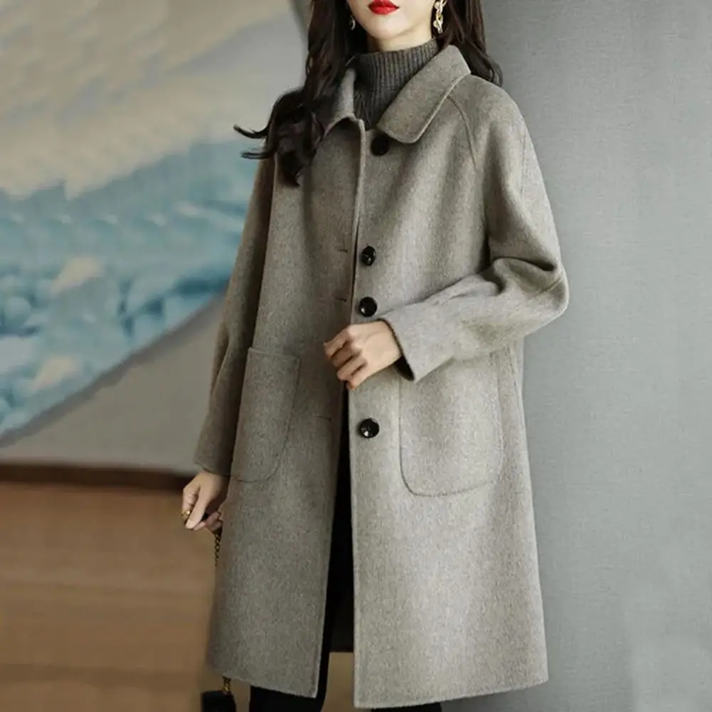 Single Breasted Wool Coat Stylish Women's Woolen Coat with Lapel Pockets Autumn Winter Single Breasted Overcoat for Streetwear