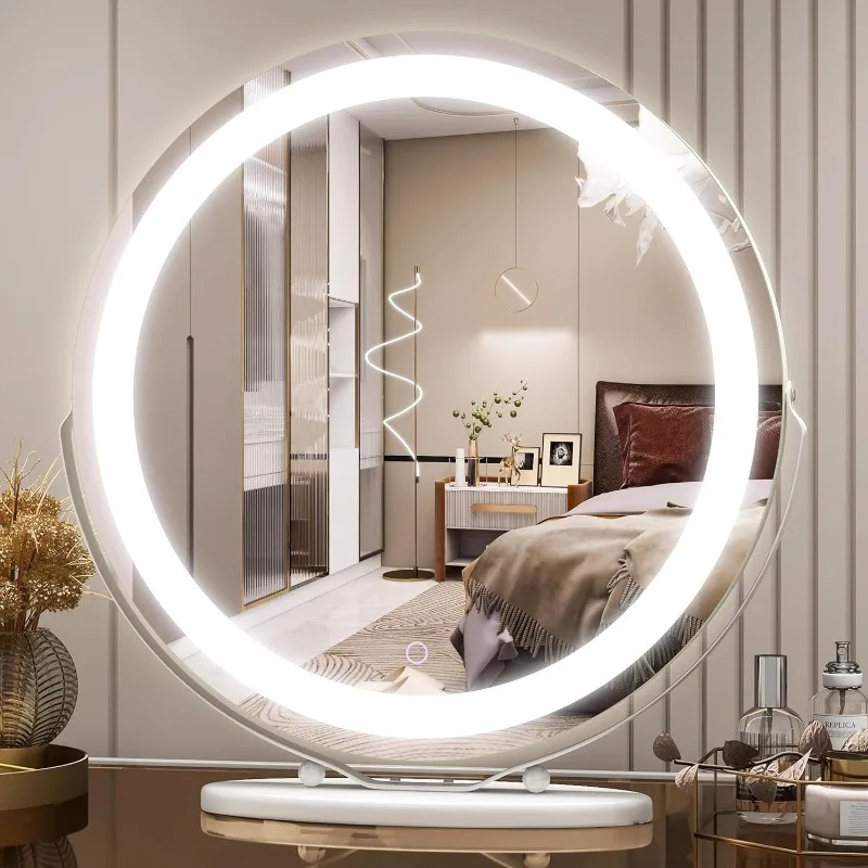 

Large Vanity Makeup Mirror with Lights, 3 Color Lighting Modes | Round Lighted Up Makeup Mirror with Dimming LED Halo