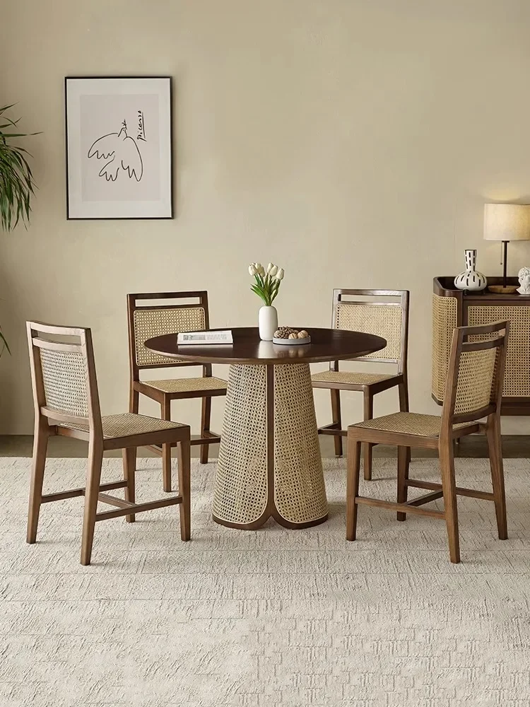 Nordic solid wood round table small household modern minimalist rattan woven dining table and chair combination internet famous