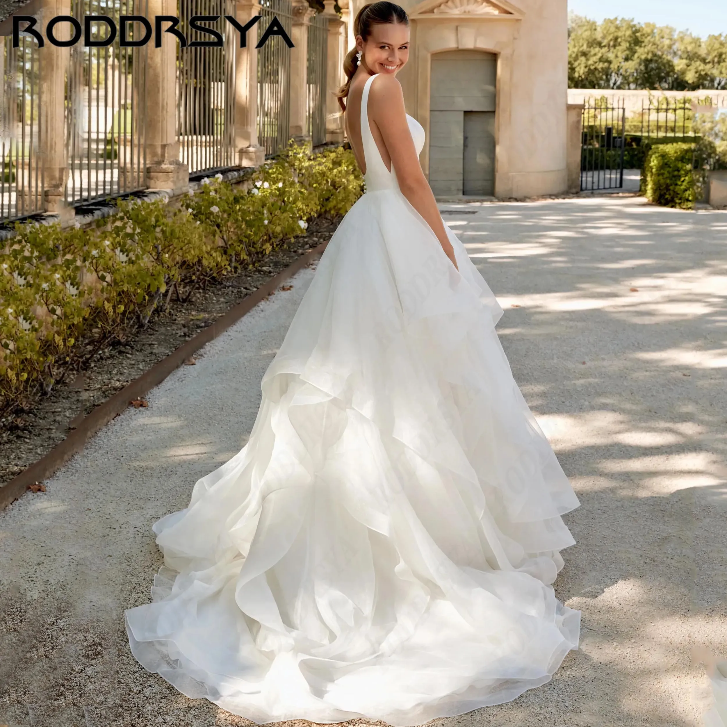 RODDRSYA Robe de mariée classique col carré ligne A dos nu nouvelle fermeture éclair traîne cour tulle pour femmes bretelles spaghetti robe de plage personnalisée design exclusif élégant moderne léger raffiné