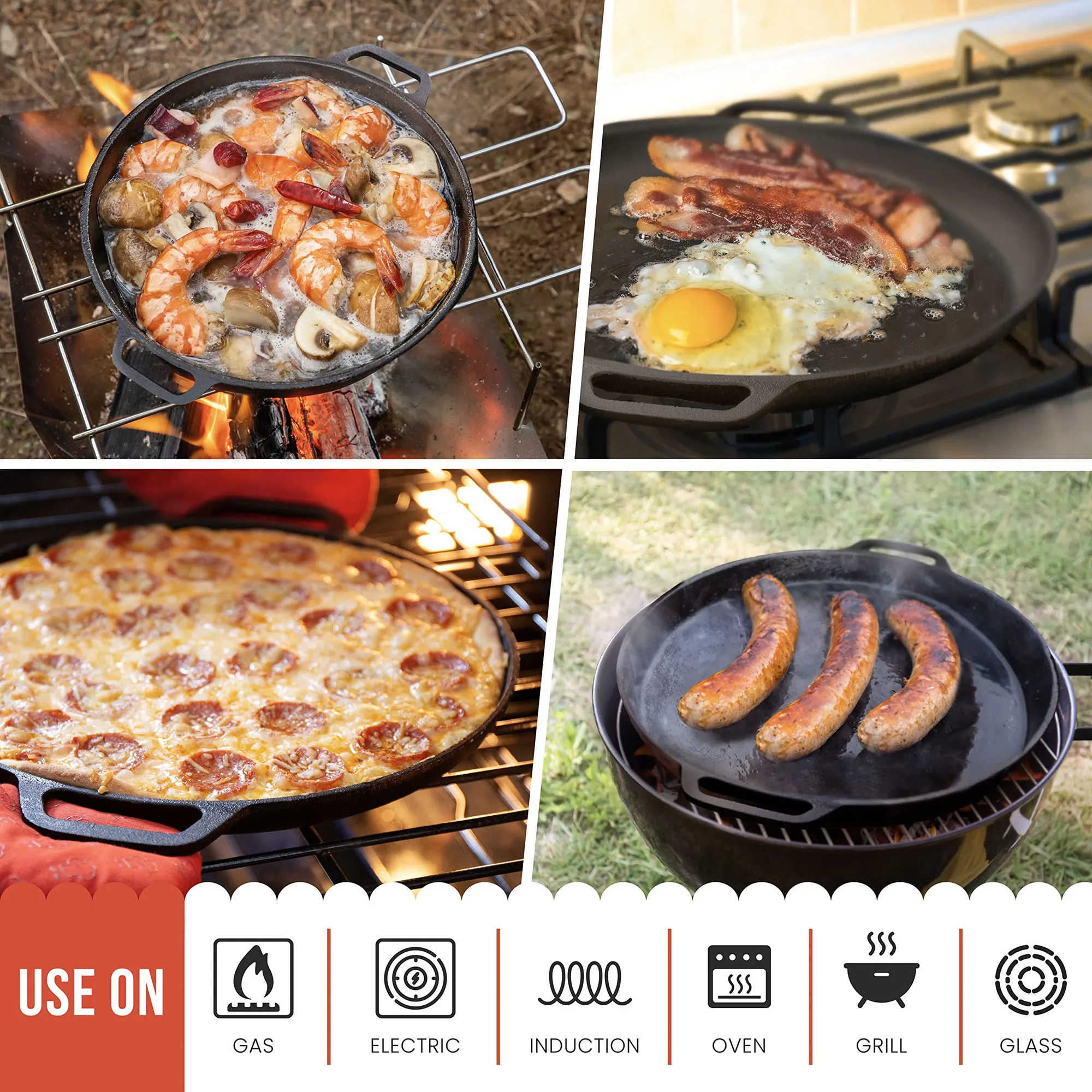28/30cm Pre-Seasoned Cast Iron Skillet Pan Pizza Pan with Dual Handles Round Griddle for Crepes and Pizza BBQ Camping Fry Pan