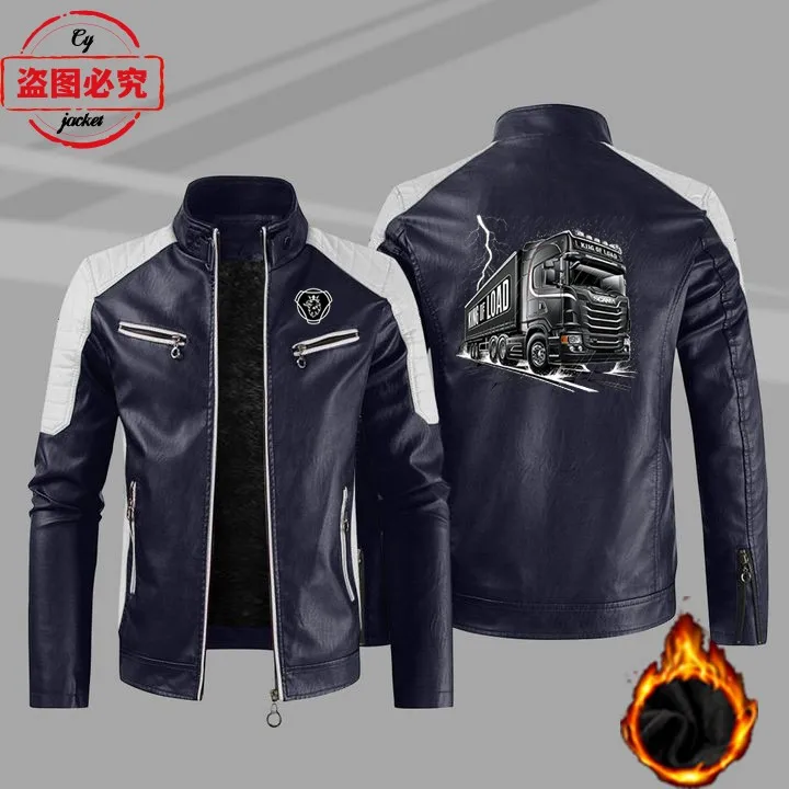 

European Size Heavy-duty Truck Logo Printed Leather Jacket, Vintage Washed PU Leather Jacket, Scania Men's Jacket,fleet Workwear
