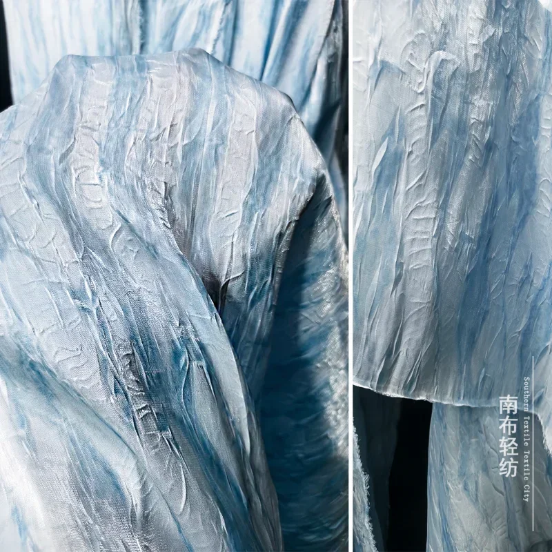 

Pleated Stir Fried Color Process Blue White Mesh Fabric Shirt Skirt Designer Cloth for Diy Sewing Per Meter Material