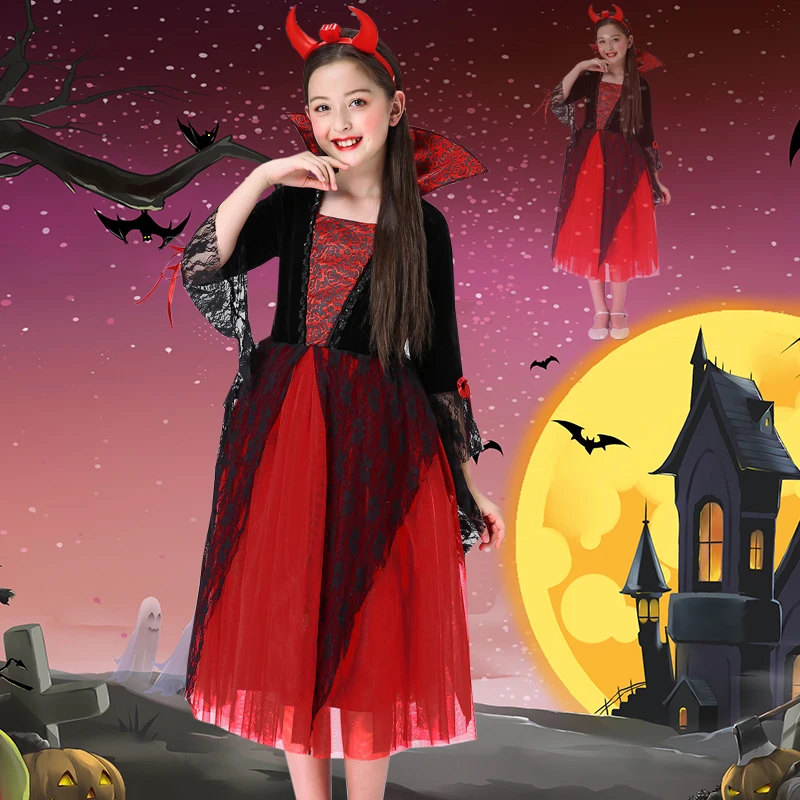 Girls Halloween Costume Party Halloween Kids Vampire baron Count Dracula Gothic Vampire Costume Fantasia Prince Cosplay suit