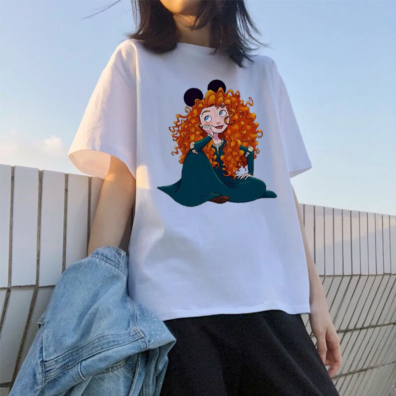 Summer White Disney Princess Merida Brave Printed T Shirt Women Casual T Shirt Short Sleeve Funny Girls T Shirts Tops