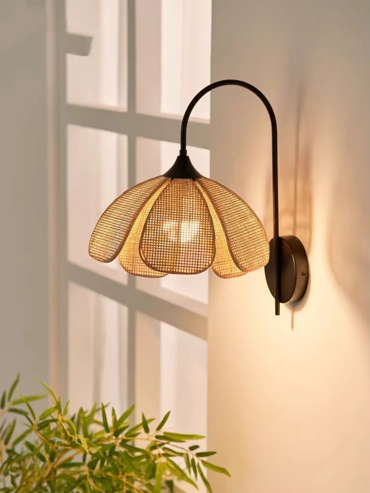 Japanese Rattan Weaving Petal Pendant Lights Wabi Sabi Fabric Flower Wall Lamp For Backgroud Bedroom Bedside LED Aisle Wall Lamp