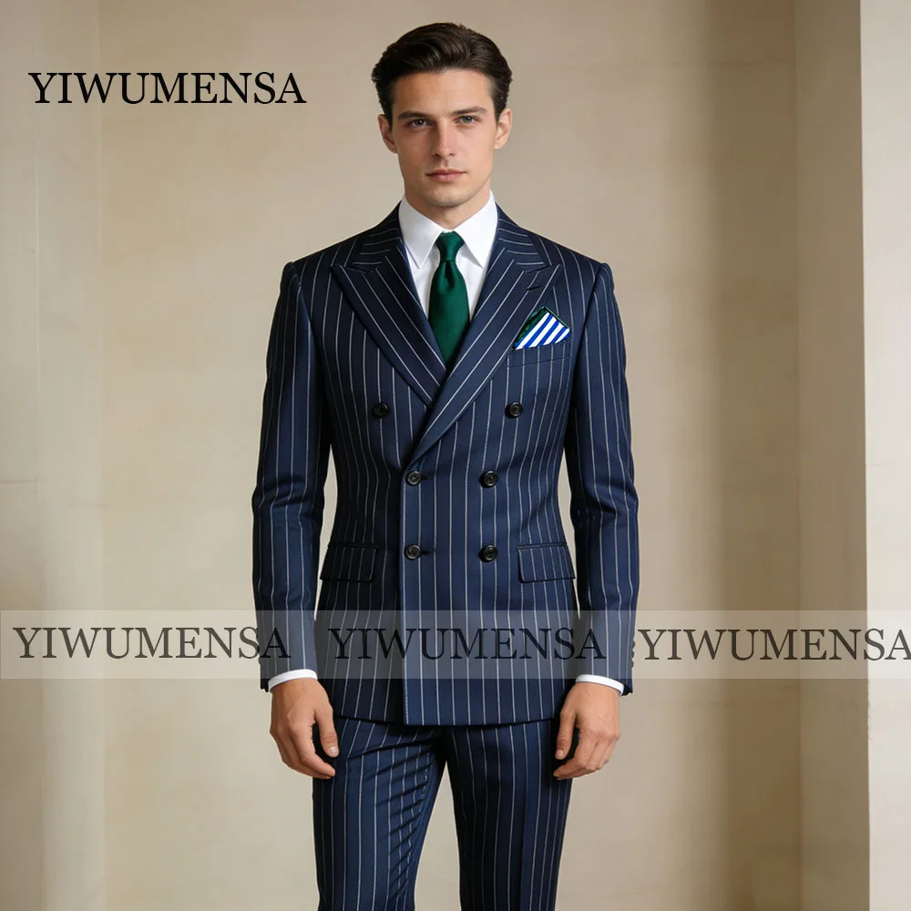 

Classic Suit Men Navy Vertical Pinstripe Double Breasted Groom Banquet Attire Customized Slim Fit 2 Piece Sets Man Party Tuxedos