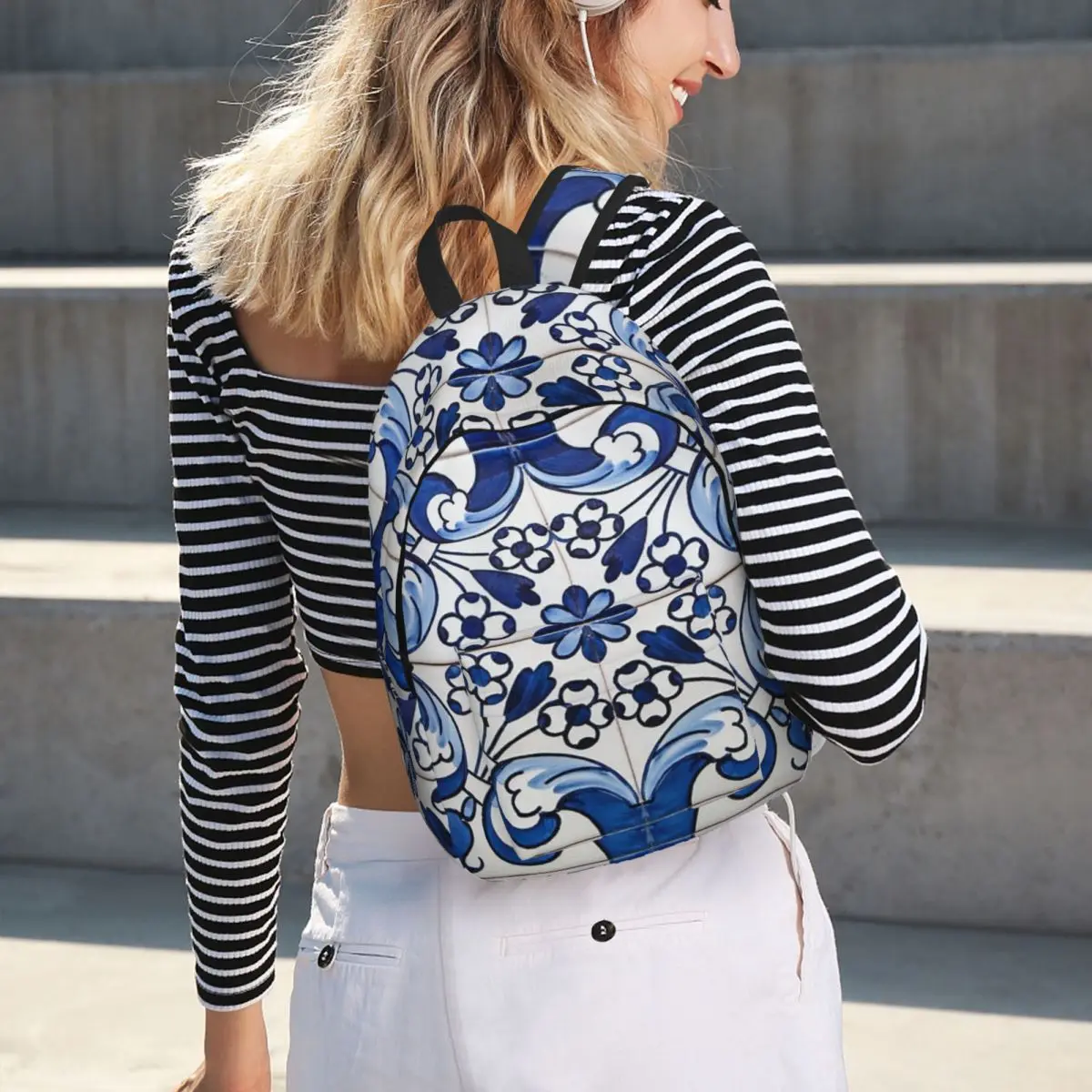 Lisbon Blue Azulejo Tile Floral Backpack Hot Sale Daypack Large Capacity Kids BookBag School Bag Shoulder Bags for Men Women