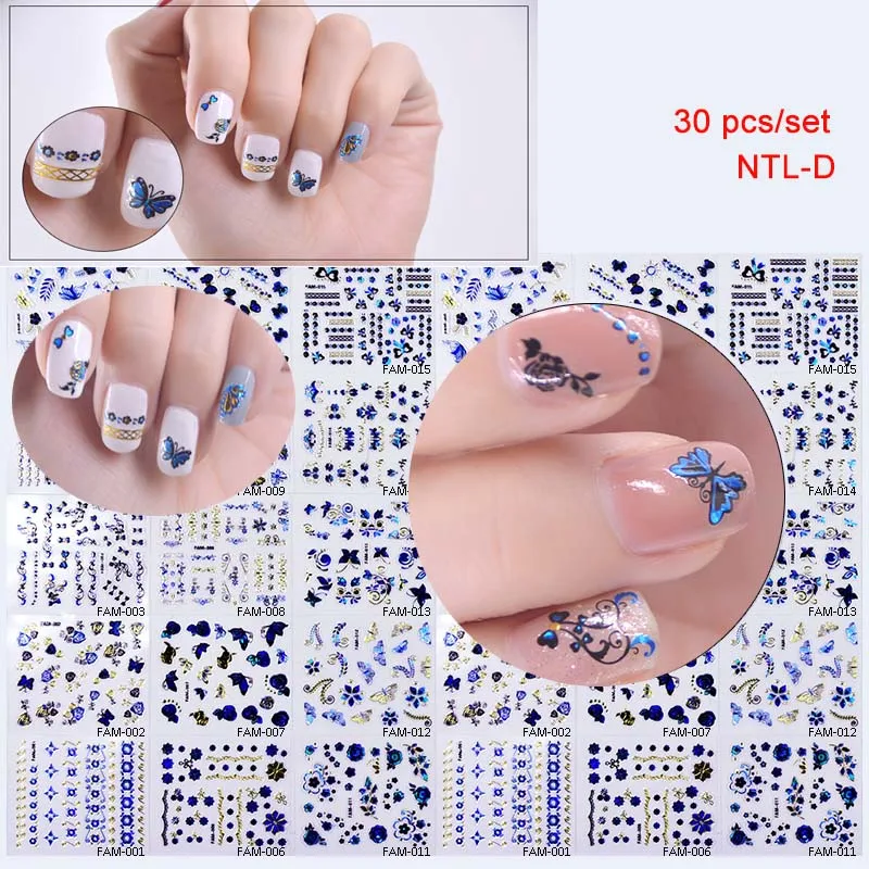 30pcs Blue Gold Butterfly Nail Sticker Hollow Mixed Designs Self Adhesive Flower Nail Tips Letter Butterfly Paper Nail Set Sk-11