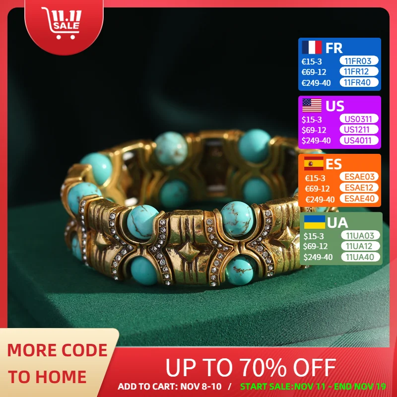 

Vintage Blue Natural Stone Bangles For Woman Luxury Crystal Wide Bracelets Elastic Bamboo Knot Bohemian Handmade Jewelry 2025