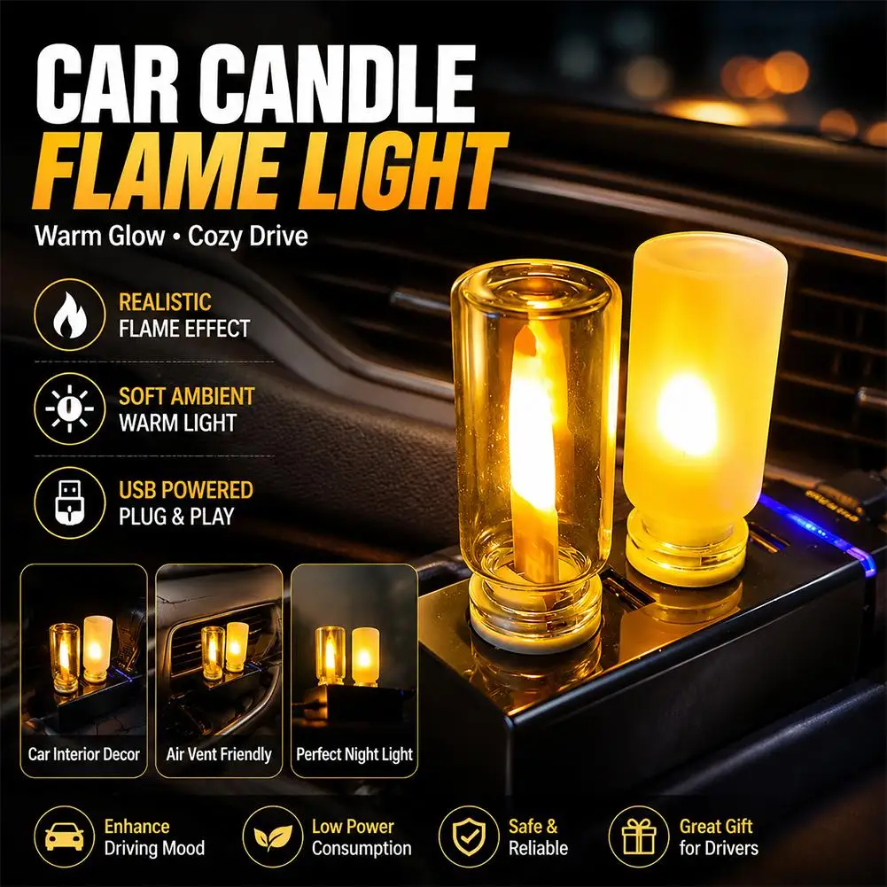 

USB LED Flickering Flame Candle Light Mini Portable Car Interior Ambient Lamp Vintage Flame Effect Night Light for Auto Hom K6R8